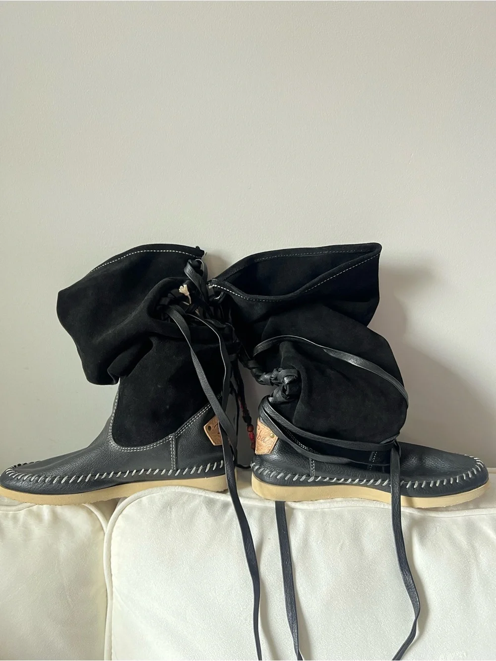 Buyamba KOTIDO Black Suede Boho Knee High Lace-Up Boots Fair Trade 7.5 New